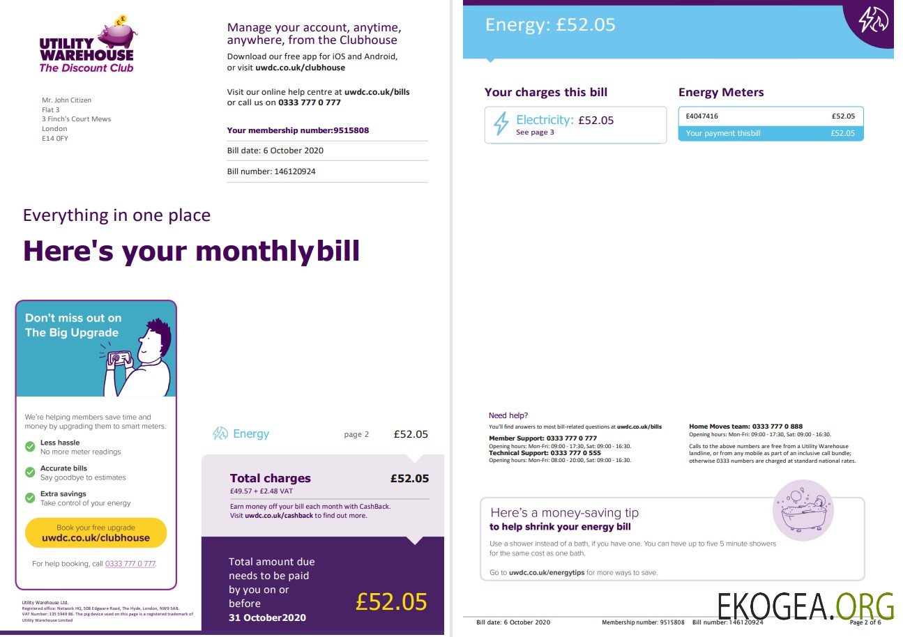 United Kingdom Utility Warehouse electricity utility bill template in Word and PDF format (6 pages) 1 2
